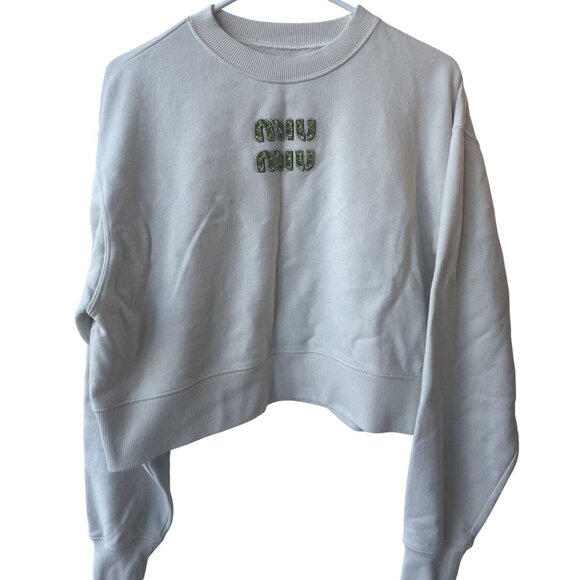 Miu Miu Womens Cropped Sweatshirt With Green Rhinestone Logo White Long Sleeve C - Picture 1 of 15